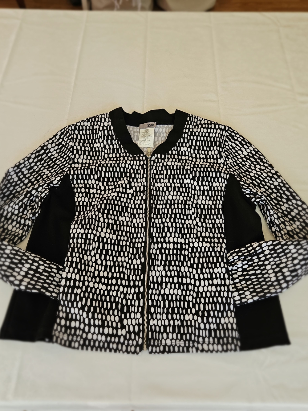 ZOE Womens Size L Black White Polka Dot Full Zip Bomber Jacket stretch - Picture 15 of 16